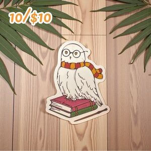 Snowy Owl with Glasses & Scarf on Books Sticker – 2 1/4”
